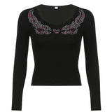 Autumn V Neck Basic Black Long Sleeve T Shirt Casual Autumn Rhinestone Print Crop Top Tshirt Woman Fashion