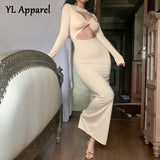 Sexy Women's Dress Fashion Streetwear Hollow Out Spring Slim Long Sleeve Bodycon Long Maxi Evening Party Robe