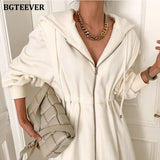 Chic Zippers Women Hooded Sweatshirt Midi Dress Casual Elastic Waist Long Sleeve Female A-line Dress 2021