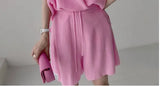 Chic Sweet V-Neck Loose Letter Sticker Short-Sleeved Knitwear + Rope High-Waisted Leisure Wide-Legged Shorts