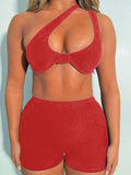 Ribbed Diagonal Collar Sleeveless Hollow Out Crop Top Mini Shorts 2 Pcs Set 2022 Sexy Women Streetwear Y2K Party