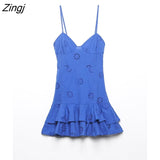 Zingj Women Fashion V Neck Hollow Out Embroidery Hem Cascading Ruffles Sling Mini Dress Female Side Zipper Slim Vestidos DS1813 1215-0-Outfit