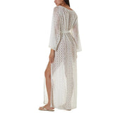Sexy See Through White Lace Summer Dress Beach Tunic Women Beachwear V-neck Long Sleeve Side Split Maxi Dress Sarongs