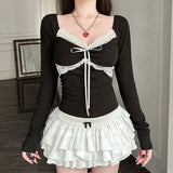 Lace Patchwork Bow Knot Long Sleeve TeeOutfit