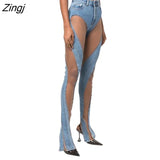 Fashion Women's Jeans High Waist Spiral Hollow Out Mesh Design Sense Stitching Slit Denim Pants Autumn 2023 New Tide