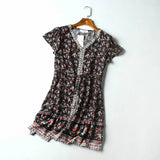 Queens Women Floral Print Deep V-neck Vacation Bohemian Mini Dress Ladies Short Sleeve Button Boho Dresses