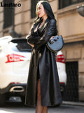 Autumn Black Waterproof Pu Leather Trench Coat for Women Long Sleeve Belt Double Breasted Autumn Designer