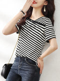 Thin Style 2025 New Retro-Collending V-Neck Striped Knitted Shirt Short-Sleeved T-Shirt Top For Women's