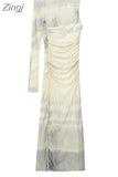 Print Tulle Long Dress Women Off Shoulder Mesh Dress Woman Asymmetric Long Sleeve Midi Dresses Semi Sheer Midi