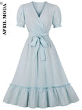 Women Solid Summer Dress Ruffle Hem Retro Ligh Blue Vintage Party Gowns 2022 Robe Femme Pin Up Rockabilly Swing