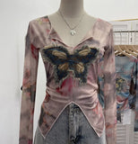 Real Shooting Amount Of Bumpy Tulle Spliced Denim Butterfly Design Sunscreen Coat V Collar Short T-Shirt
