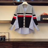 spring and autumn new loose shirt stitching irregular knitted sweater striped denim sweater jacket