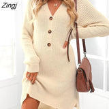 PETAL Beige V-neck Sweater Dress For Woman Sexy Button Long Sleeve Mini Dress 2023 Autumn Winter Casual Loose