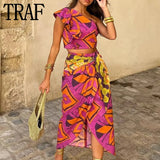 Print Ruffle Crop Top Women Asymmetric Off Shoulder Tops For Women 2023 Summer Sleeveless Top Female Boho Beach Sexy
