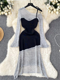 Autumn Women Knitted Midi Dress Splice Irregular Diagonal Collar Lace Up Design New Fashion Elegant High Quality