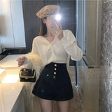 Women Korean Style Buttons Students Fashion Summer Basic Solid Simple High Waist All-match Casual Elegant Ladies