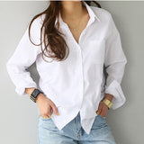 White Women Shirt Fashion Long Sleeve Casual Turn Down Collar Female Blouse Loose Pocket Button Office Ladies Elegant
