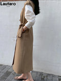 Spring Autumn Long Khaki Sleeveless Trench Coat for Women with Belt Double Breasted Loose Casual Vest 2023 New