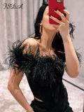 2022 Summer Feather Corset Crop Top Women Black Off Shoulder Red Cami Party Club Sleeveless Sexy Tank Tops