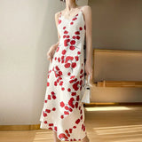New Chiffon Suspender Dress Women's Waist V-neck Printed Over-The-Knee Floral Dress Retro Outer