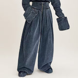 Overalls Style 2025 Fall Lapel, Long-Sleeve Jacket, High Waist, Large Pocket, Wide-Leg Pants, Denim