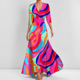 Women's Fashion Elegant Temperament V-Neck Print With Large Skirt Dress Dress