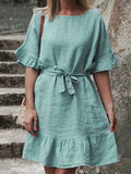 Women Cotton Linen Loose Dresses Spring New Lantern Sleeve Solid Midi Maxi Dress Casual O Neck Belt Waist Shirt