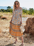 Queens Women Floral Print Short Sleeve Beach Bohemian Maxi Dresses Ladies Off Shoulder Boho Dress