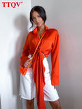 Sexy Orange Satin Women'S Blouse 2022 Fashion Lapel Long Sleeve Shirts Streetwear Elegant Lace-Up Tops Female