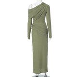 Draped Off-Shoulder Long Sleeve Top And Maxi Skirt Set- Outfit
