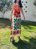Colorful Printed Backless Halter Dress Women Fashion Sleeveless Slim Long Robe Summer Lady Chic Vacation Party