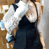 Zingj Chic Summer Court Style French Vintage Heavy Industry Lace Hollow Lantern Sleeves Lapel Shirt Jacket