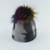New Fashion Winter Thicken Knitted Hats Warm Real Racoon Fur Pompom Unisex Beanie Tie-dyed Cap Adults Head