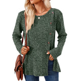 Zingj New Round Collar Solid Color Splicing Button Long Sleeve Loose T Shirt Women-Outfit