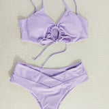 2025 New Multi-Color Solid Color Tie Hanging Neck Bow Body Swimsuit Female