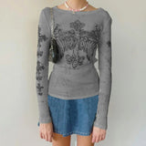 Women Vintage Y2K Grunge T-shirt Long Sleeve O Neck Gothic Cross Angel Wings Printed Retro Rhinestone Slim Fit