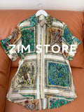 Summer Women blouse 100% ramie Flower Folds V-neck turn-down collar short sleeve printing