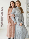 Dress 2021 Women Dress Midi Dress Long Sleeve Print O Neck Elastic Waist With Zipper Korean Fashion