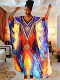 Retro Printed Morrocan Kaftan Plus Size Indie Folk V-neck Batwing Sleeve Side Split Summer Dress For Women Clothing