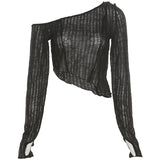 Autumn 2021 New Women's Solid-Color Fashion Slanted Shoulder Sexy Perspective Long-Sleeved T-Shirt In Wood