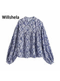 Women Vintage Printed Shirt Long Puff Sleeves O-neck Casual Chic Lady High Fashion Blouses Woman