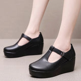 With Round Head Slope And Soft Soles Of Mother Leather Shoes Spring And Autumn Waterproof Table Thick-Soled Loose Cake Shallow Magic Stick Single Shoes