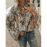 Women Print Blouses Casual Loose Tops Stand V Neck Long Sleeves Button Plus Size Pullover Female Tee Shirts