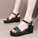 Heel Thick-Soled Sandals Women Summer With A Word With Water Drill Weaving Mother Sandals Soft-Soled Pine Cake Beach