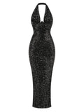 Halter Deep V Neck Sequin Maxi Dress- Outfit