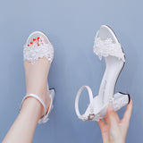 Cm White Lace Flower Nail Beads Bride Coarse Heel Sandals Shallow Word With Fish Mouth High Heel Square Roots