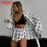 Fashion Loose Print Two Piece Sets Womens Outifits Autumn White V-neck Long Sleeve Lace-up Shirts And Shorts Sets