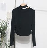 Ribbon Scarf Hanging Neck Long-Sleeved T-Shirt Girl 2024 Autumn Slim Thin Folded Bottom Shirt
