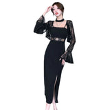 Autumn Temperament New Lace Open-Shirt Jacket Top + Sling Bottom Dress