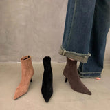 Temperament Autumn And Winter Pointed Elastic Boots Female New Net Red Thin Suede Fashion Commuter Ankle Boots Heel Ankle